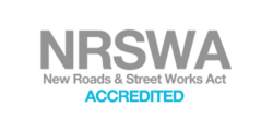 New Roads & Street Works Accredited NRSWA logo to demonstrate accreditation status to work safely on roads